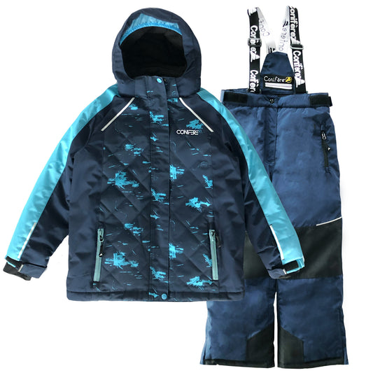 A blue quilted boys' snowsuit with a water-resistant jacket that has a removable hood, fur trim, and LED light clicker. It features Cold Factor protection up to -35°C, a wind stopper panel, adjustable cuffs, and a snowskirt. The matching pants have adjustable suspenders, reflective piping, and abrasion-resistant reinforcements at the knees, hem, and seat