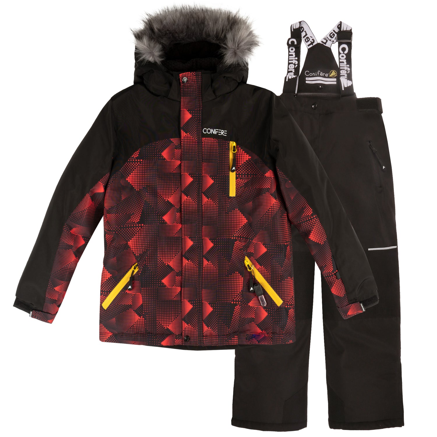 Insulated jacket and pants set with cold protection up to -35 C. Features water repellent shell, breathable fabric, removable hood, LED light, fleece lining, adjustable cuffs, YKK zipper, snowskirt, and reinforced knees.