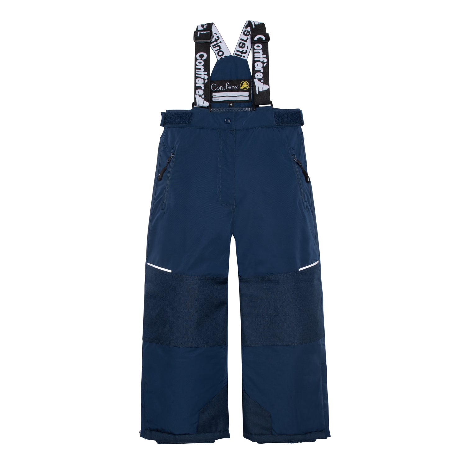 Adjustable suspender pants with elastic waist, reflective piping, Corduratech reinforcement, and side zippers