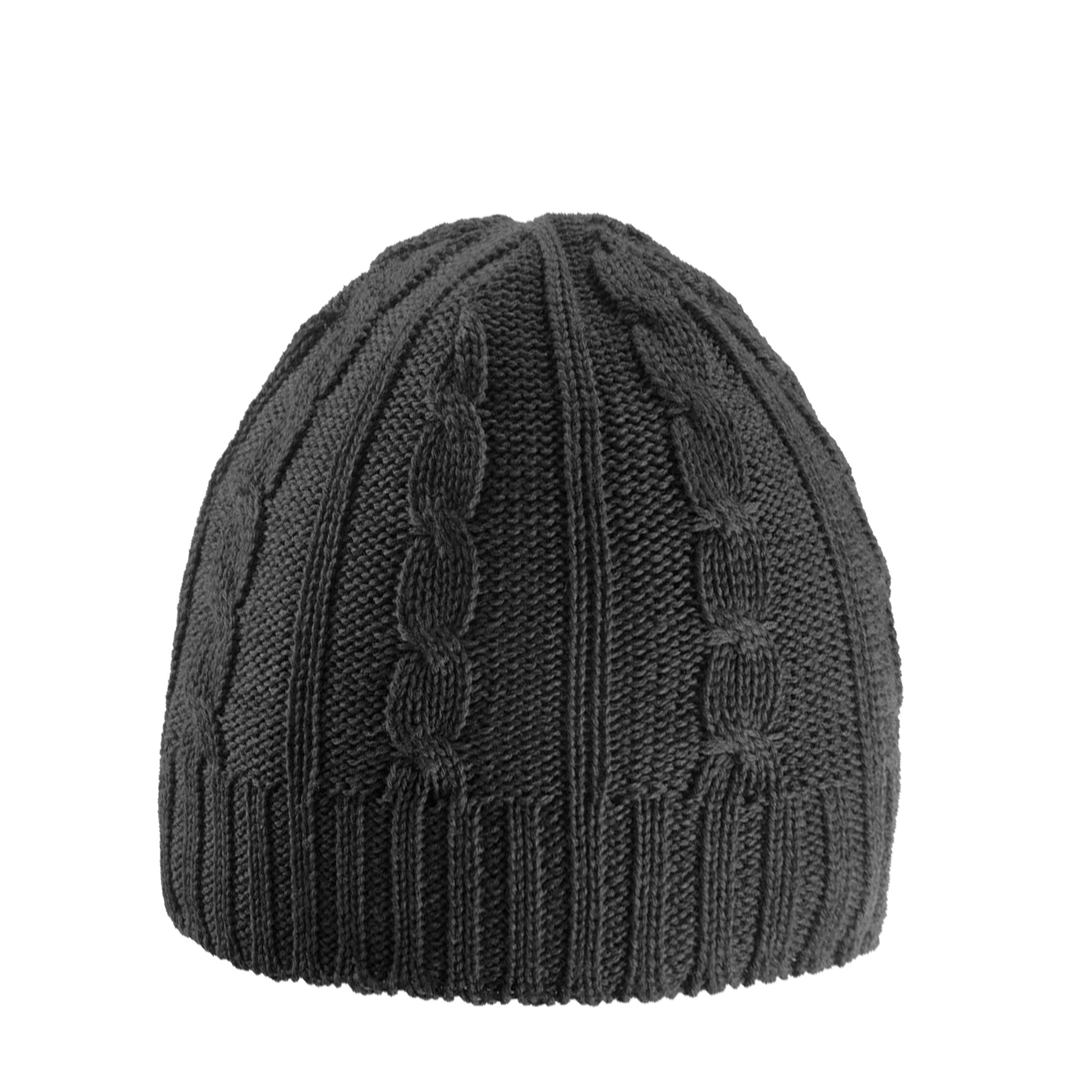 Cable Knit Hat with brushed jersey lining. Shell: 100% Acrylic. Lining: 90% Polyester, 10% Spandex. Style